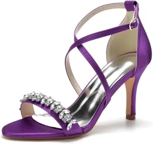 Womens Wedding Shoes Heels for Women Open Toe Buckle Ankle Strap Kitten Heels for Women Pump Block Sandals 3.34 inches Silver Black White Nude for Party Wedding(Dark Purple,6)