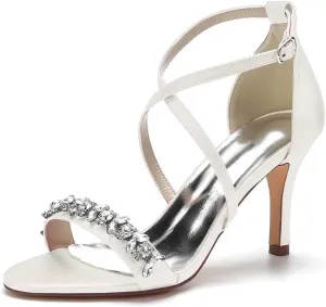 Womens Wedding Shoes Heels for Women Open Toe Buckle Ankle Strap Kitten Heels for Women Pump Block Sandals 3.34 inches Silver Black White Nude for Party Wedding(Ivory,6)