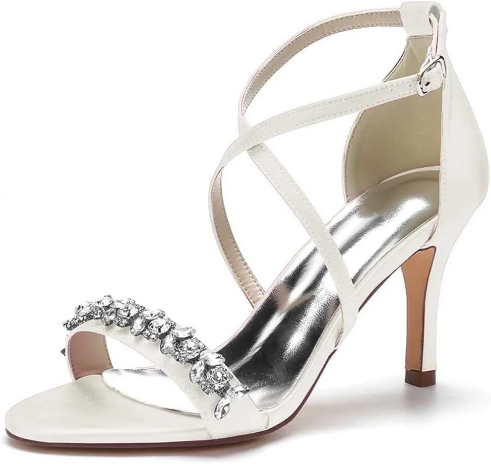Womens Wedding Shoes Heels for Women Open Toe Buckle Ankle Strap Kitten Heels for Women Pump Block Sandals 3.34 inches Silver Black White Nude for Party Wedding(Ivory,6)