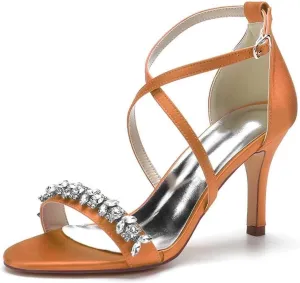 Womens Wedding Shoes Heels for Women Open Toe Buckle Ankle Strap Kitten Heels for Women Pump Block Sandals 3.34 inches Silver Black White Nude for Party Wedding(Orange,6)