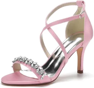 Womens Wedding Shoes Heels for Women Open Toe Buckle Ankle Strap Kitten Heels for Women Pump Block Sandals 3.34 inches Silver Black White Nude for Party Wedding(Pink,6)