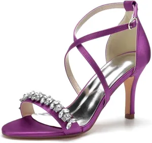 Womens Wedding Shoes Heels for Women Open Toe Buckle Ankle Strap Kitten Heels for Women Pump Block Sandals 3.34 inches Silver Black White Nude for Party Wedding(Purple,8)