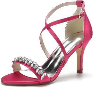 Womens Wedding Shoes Heels for Women Open Toe Buckle Ankle Strap Kitten Heels for Women Pump Block Sandals 3.34 inches Silver Black White Nude for Party Wedding(Rose red,8.5)