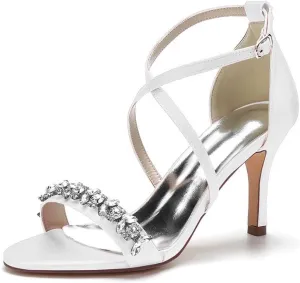 Womens Wedding Shoes Heels for Women Open Toe Buckle Ankle Strap Kitten Heels for Women Pump Block Sandals 3.34 inches Silver Black White Nude for Party Wedding(White,7)