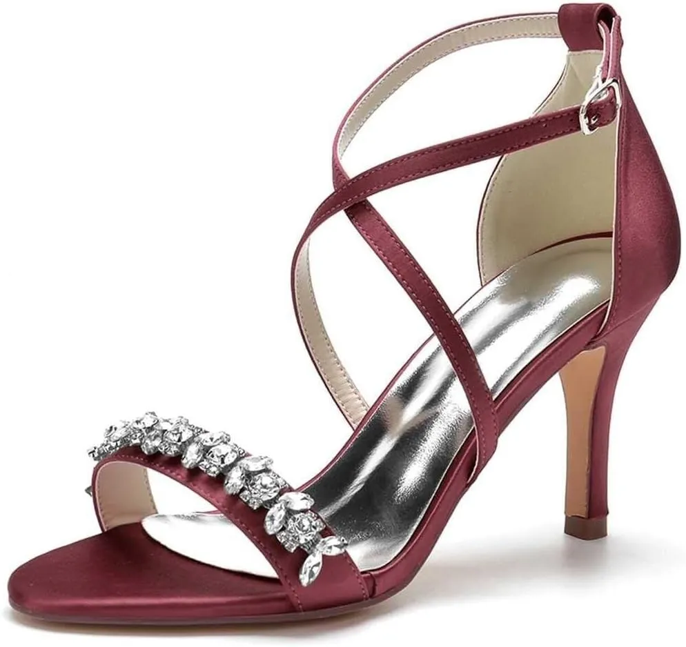 Womens Wedding Shoes Heels for Women Open Toe Buckle Ankle Strap Kitten Heels for Women Pump Block Sandals 3.34 inches Silver Black White Nude for Party Wedding(Wine red,7)