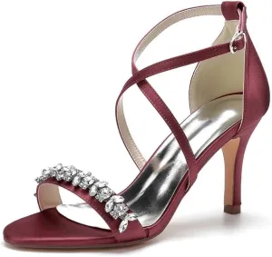 Womens Wedding Shoes Heels for Women Open Toe Buckle Ankle Strap Kitten Heels for Women Pump Block Sandals 3.34 inches Silver Black White Nude for Party Wedding(Wine red,7)