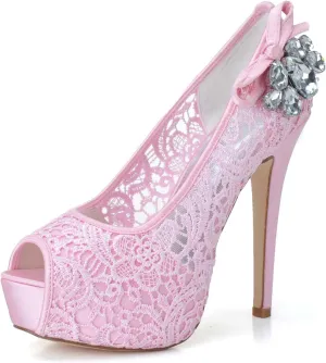 Women's Wedding Shoes Peep Toe 4.92 Inches Stiletto Heel Lace Satin Pumps with Rhinestone Lace Flower Bridal Shoes