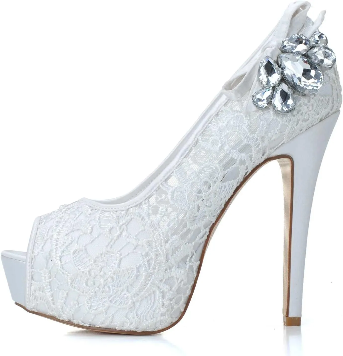 Women's Wedding Shoes Peep Toe 4.92 Inches Stiletto Heel Lace Satin Pumps with Rhinestone Lace Flower Bridal Shoes
