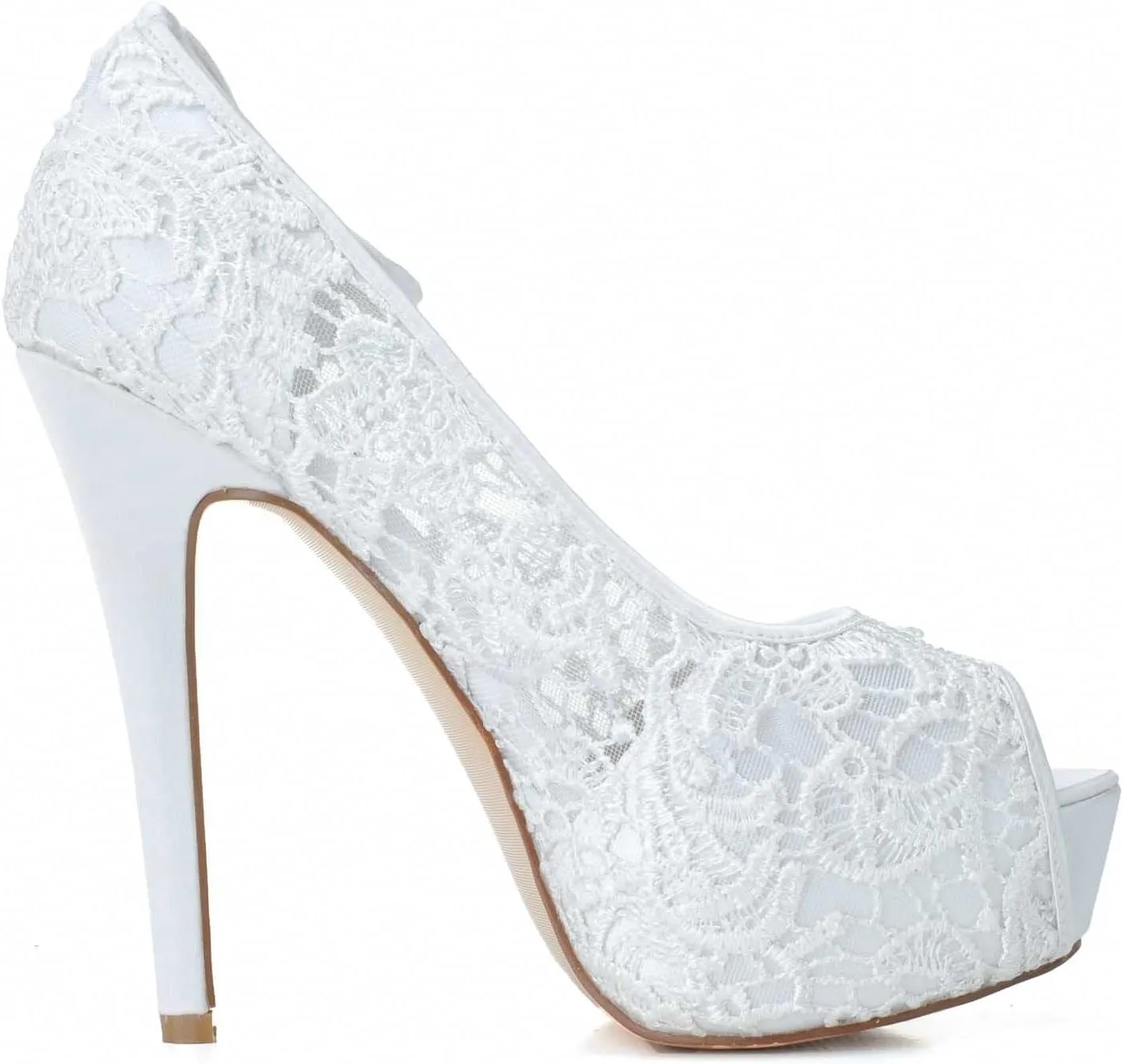Women's Wedding Shoes Peep Toe 4.92 Inches Stiletto Heel Lace Satin Pumps with Rhinestone Lace Flower Bridal Shoes
