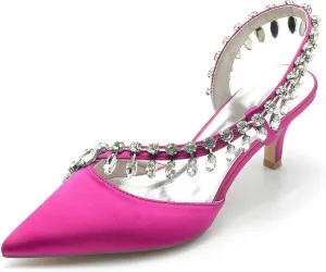 Womens Wedding Shoes Pointed Toe Kitten Heel Rhinestone Satin Wedding Shoes for Bride High Heels Slip on Bridal Shoes for Women Satin Heels Prom Party Shoes(Rose red,10)