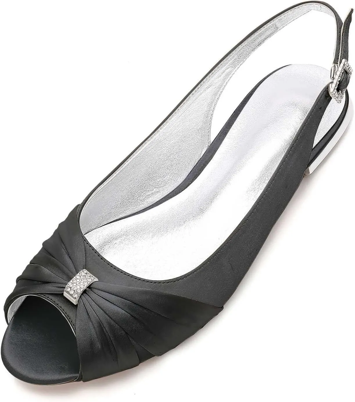 Womens Wedding Shoes Women's Elegant Satin Wedding Flats with Buckle & Open Toe - Perfect for Bride, Formal Parties, & Special Occasions(Black,8)