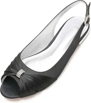 Womens Wedding Shoes Women's Elegant Satin Wedding Flats with Buckle & Open Toe - Perfect for Bride, Formal Parties, & Special Occasions(Black,8)