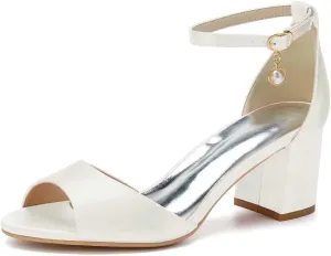 Womens Wedding Shoes Women's Low Block Heel Sandals Chunky Buckle Peep Toe Wedding Dress Shoes Low Heel Comfortable Pump Sandals Satin Evening(Ivory,7)