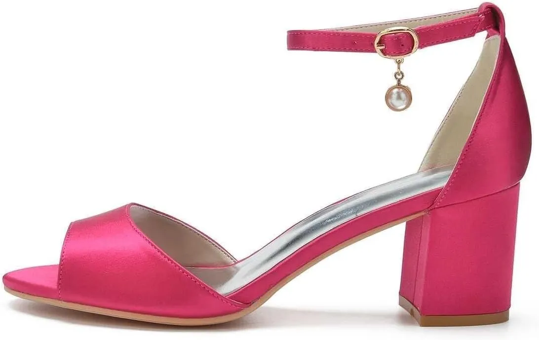 Womens Wedding Shoes Women's Low Block Heel Sandals Chunky Buckle Peep Toe Wedding Dress Shoes Low Heel Comfortable Pump Sandals Satin Evening(Ivory,7)