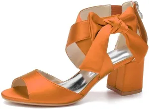 Womens Wedding Shoes Women's Low Block Heel Sandals Satin Bridal Chunky Ankle Strap Zipper Wedding Dress Shoes Low Heel Pump(Orange,7)