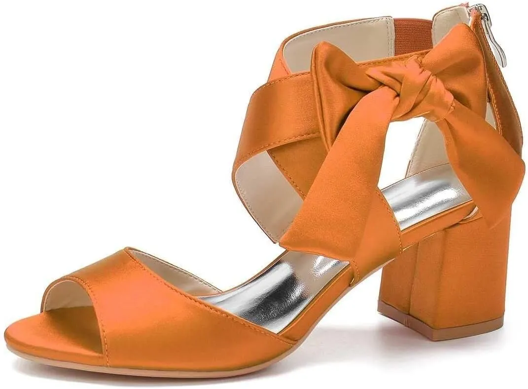 Womens Wedding Shoes Women's Low Block Heel Sandals Satin Bridal Chunky Ankle Strap Zipper Wedding Dress Shoes Low Heel Pump(Orange,7)