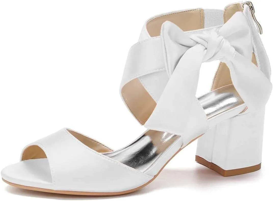 Womens Wedding Shoes Women's Low Block Heel Sandals Satin Bridal Chunky Ankle Strap Zipper Wedding Dress Shoes Low Heel Pump(White,7)