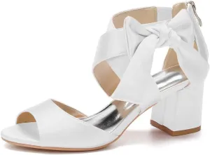 Womens Wedding Shoes Women's Low Block Heel Sandals Satin Bridal Chunky Ankle Strap Zipper Wedding Dress Shoes Low Heel Pump(White,7)
