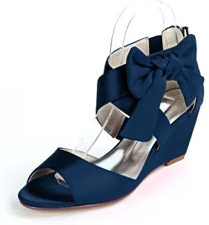 Womens Wedge Sandals Platform Round Toe High Heels Satin Open Toe Evening Prom Wedding Shoes Summer Shoes