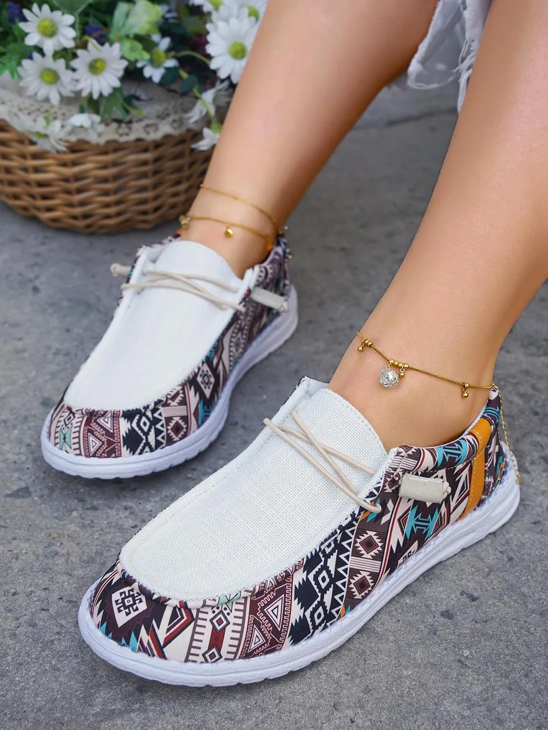 Women's White Upper Aztec Print Canvas Loafers Elastic Strips Closure Slip-on Sneakers Sporty Coolgirl's Comfort Boat Shoes Unisex Lightweight Breathable Sports Shoes for Women/Men Adults/Teenagers