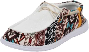 Women's White Upper Aztec Print Canvas Loafers Elastic Strips Closure Slip-on Sneakers Sporty Coolgirl's Comfort Boat Shoes Unisex Lightweight Breathable Sports Shoes for Women/Men Adults/Teenagers