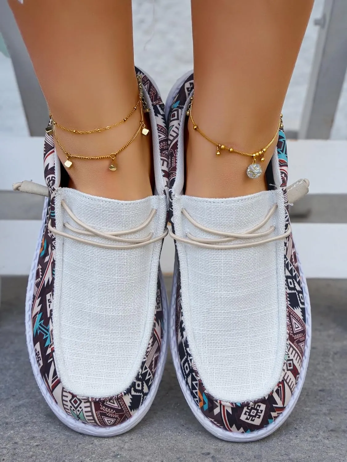Women's White Upper Aztec Print Canvas Loafers Elastic Strips Closure Slip-on Sneakers Sporty Coolgirl's Comfort Boat Shoes Unisex Lightweight Breathable Sports Shoes for Women/Men Adults/Teenagers