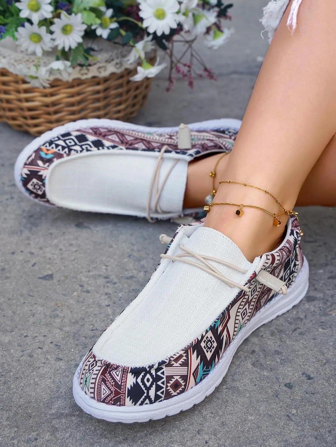 Women's White Upper Aztec Print Canvas Loafers Elastic Strips Closure Slip-on Sneakers Sporty Coolgirl's Comfort Boat Shoes Unisex Lightweight Breathable Sports Shoes for Women/Men Adults/Teenagers