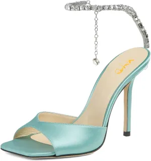 XYD Women Crystal Embellishments Sandals Stiletto Heels Chain Ankle Strap Square Open Toe Sparkle Wedding Bridal Evening Dress Pumps Shoes