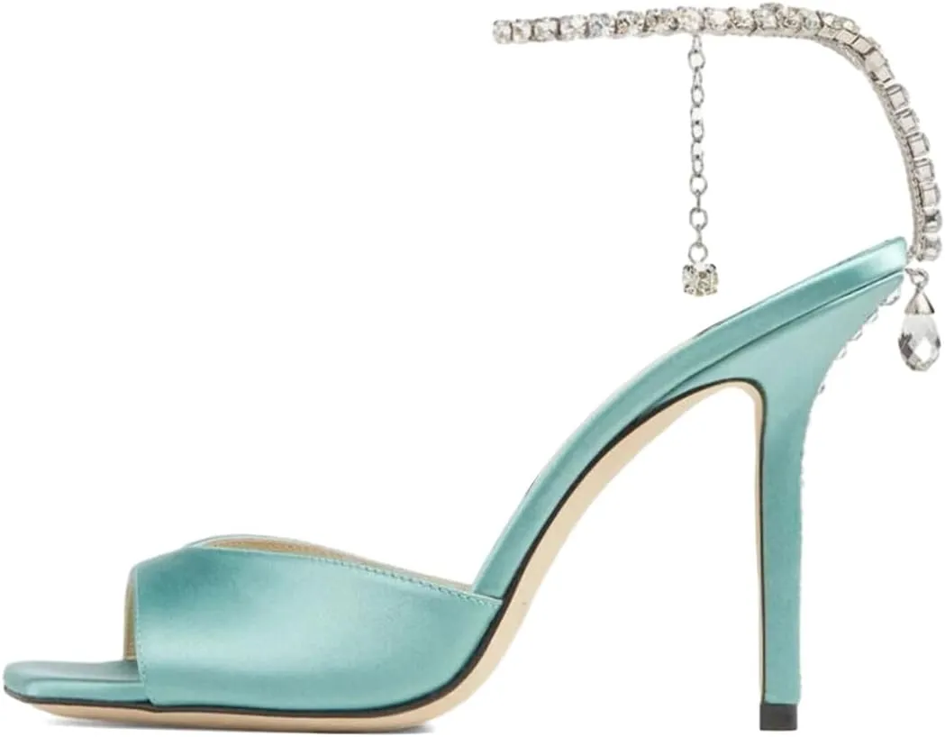 XYD Women Crystal Embellishments Sandals Stiletto Heels Chain Ankle Strap Square Open Toe Sparkle Wedding Bridal Evening Dress Pumps Shoes