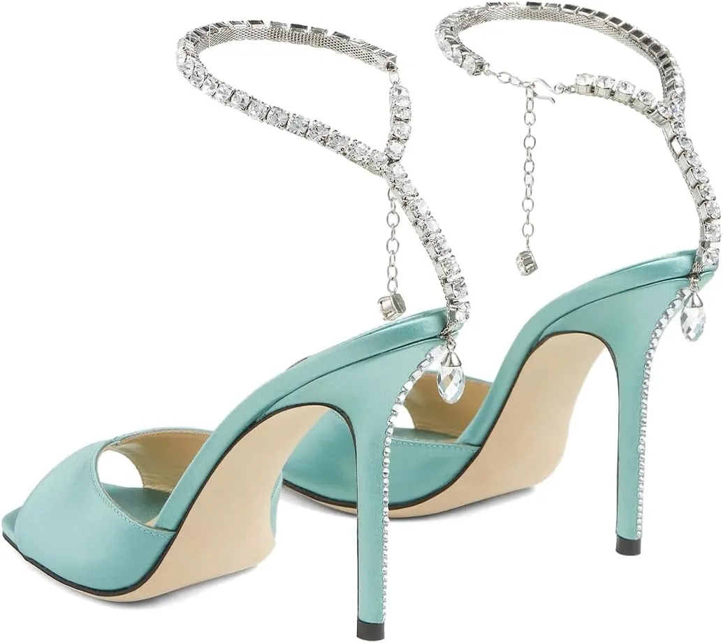 XYD Women Crystal Embellishments Sandals Stiletto Heels Chain Ankle Strap Square Open Toe Sparkle Wedding Bridal Evening Dress Pumps Shoes