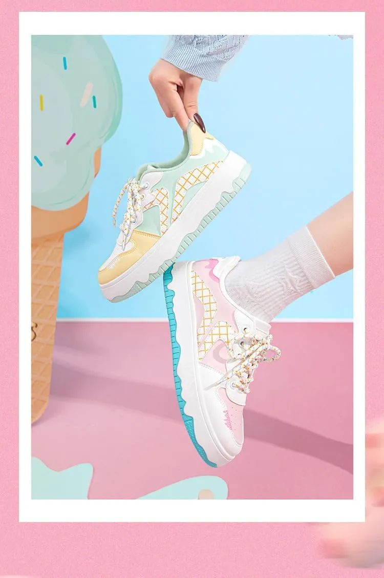 Y2K Sneakers Cute PU Leather Mismatched Colorful for Women Casual Wear with Unique Ice Cream-Inspired Design