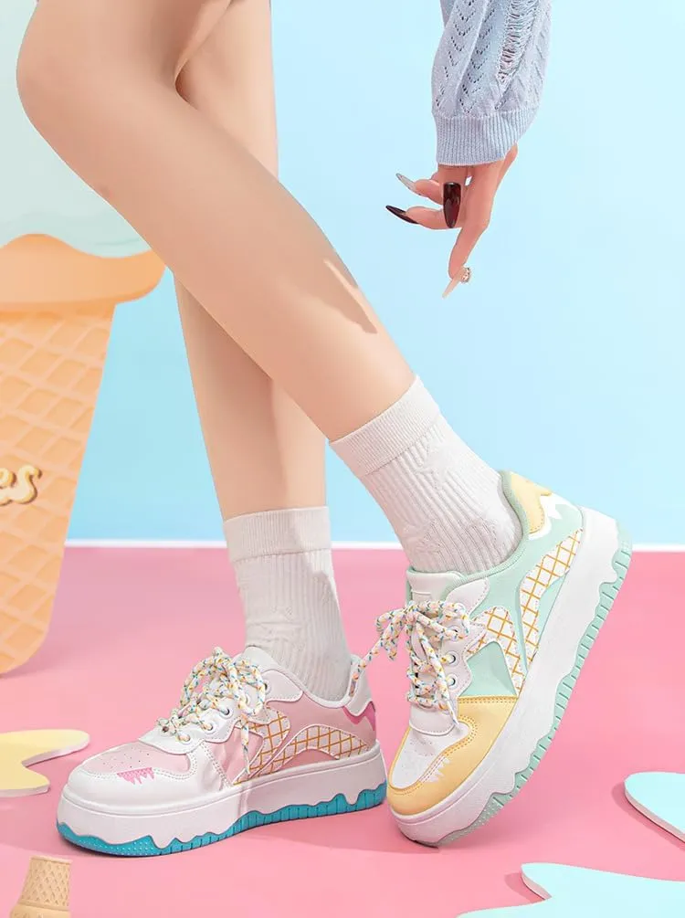 Y2K Sneakers Cute PU Leather Mismatched Colorful for Women Casual Wear with Unique Ice Cream-Inspired Design