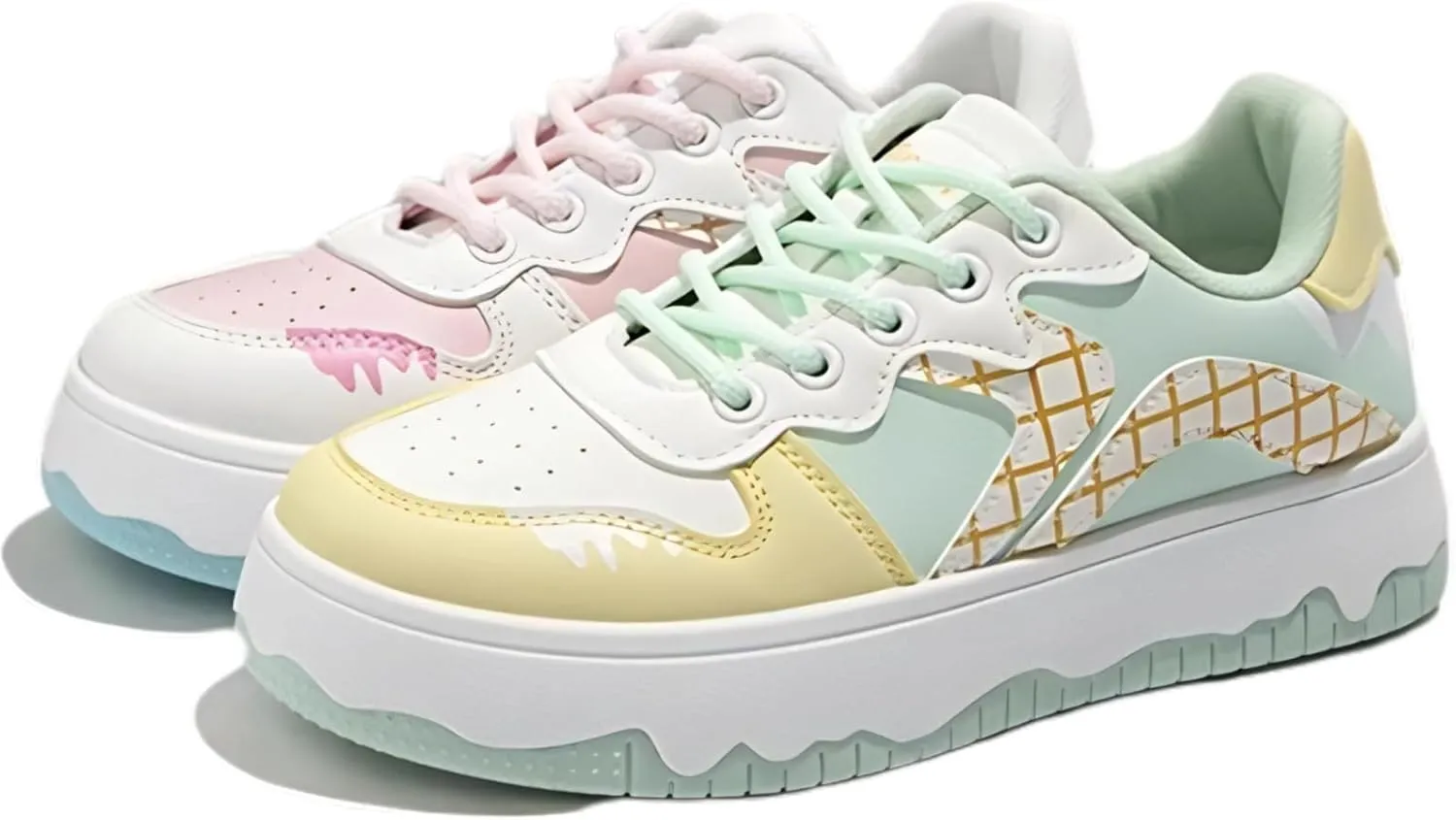 Y2K Sneakers Cute PU Leather Mismatched Colorful for Women Casual Wear with Unique Ice Cream-Inspired Design
