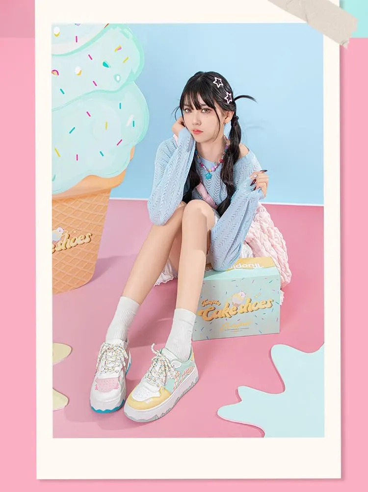 Y2K Sneakers Cute PU Leather Mismatched Colorful for Women Casual Wear with Unique Ice Cream-Inspired Design