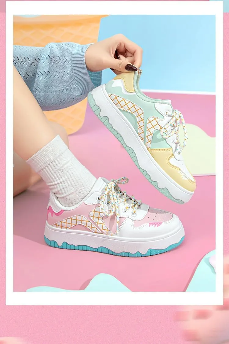 Y2K Sneakers Cute PU Leather Mismatched Colorful for Women Casual Wear with Unique Ice Cream-Inspired Design