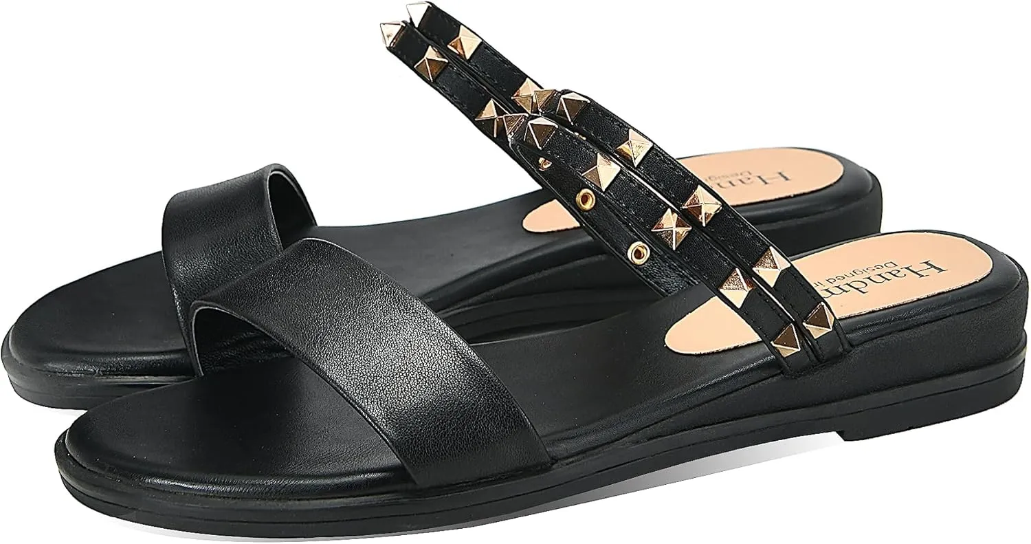 Yawors Womens LC1294 Manmade Slip On Grommet Cow Leather Flats Sandals
