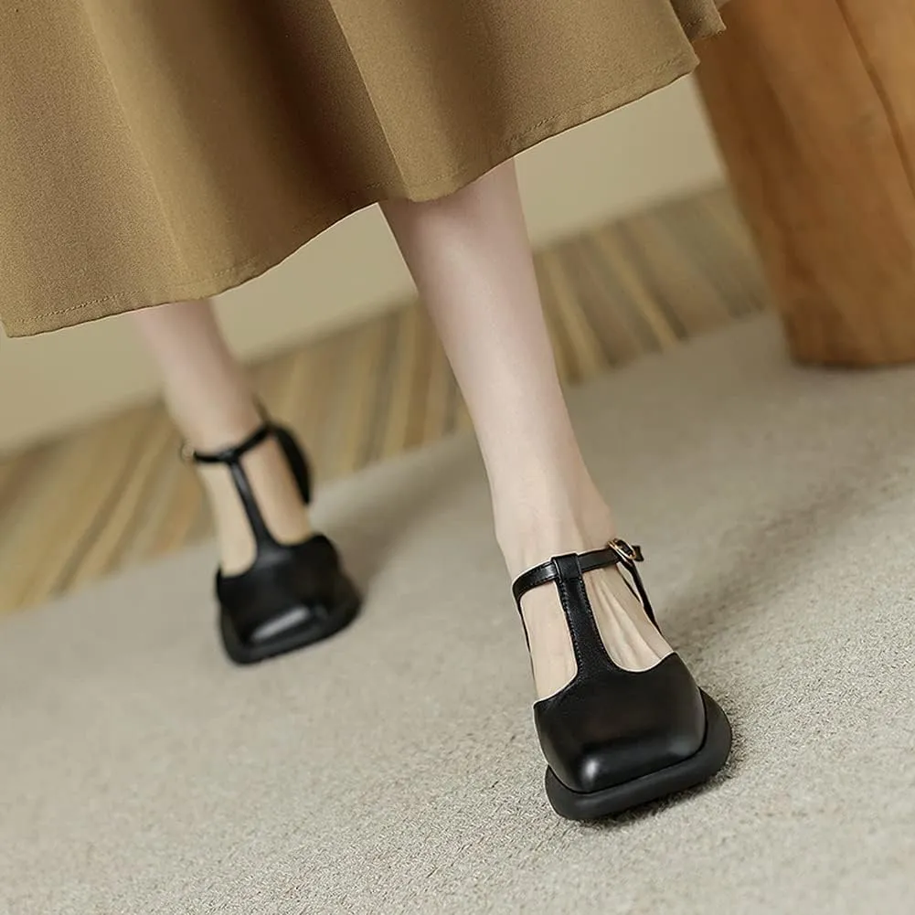 Yawors Womens LC953 Belt Square Heels Slingback Cow Leather Flats Sandals