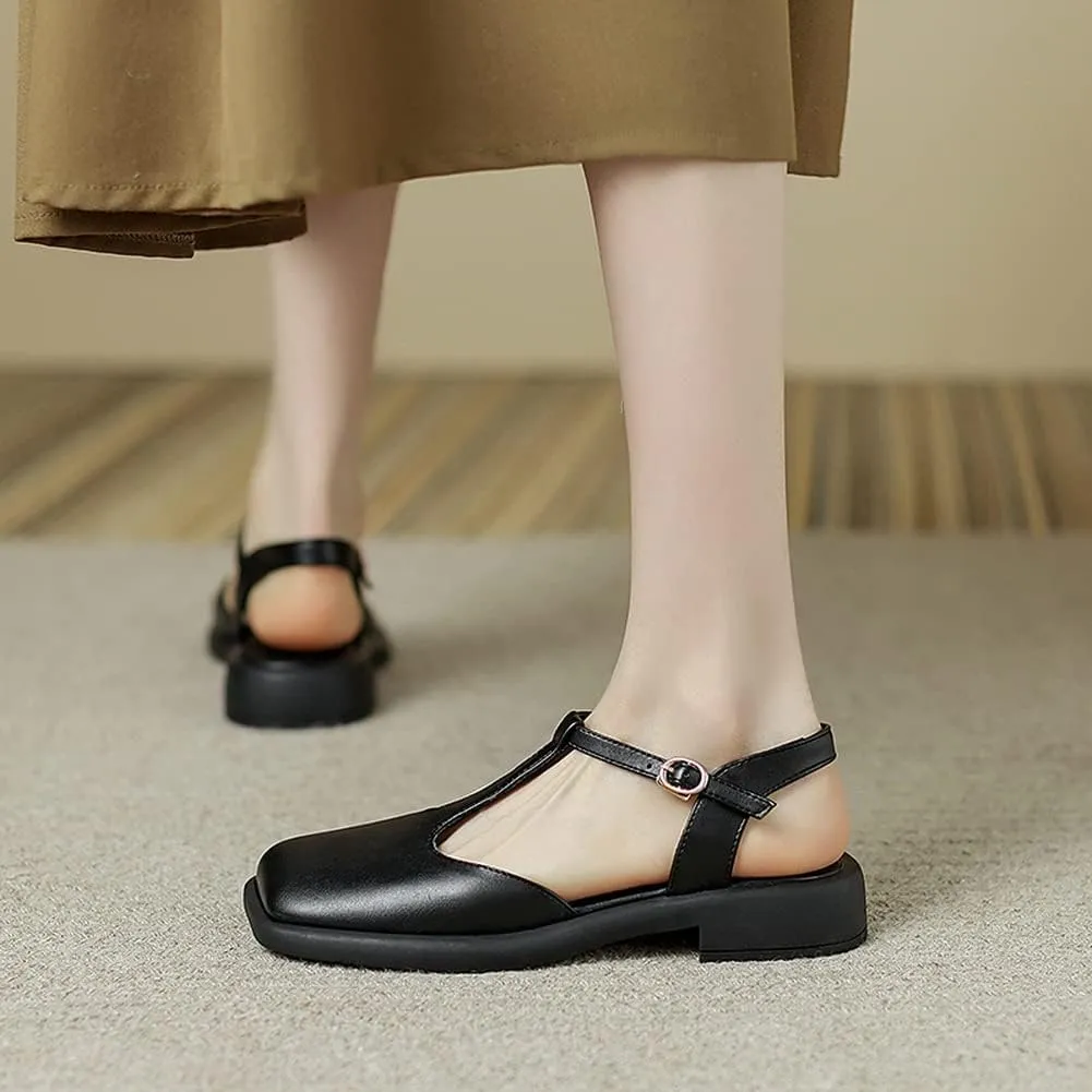 Yawors Womens LC953 Belt Square Heels Slingback Cow Leather Flats Sandals