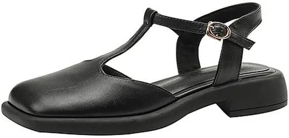 Yawors Womens LC953 Belt Square Heels Slingback Cow Leather Flats Sandals