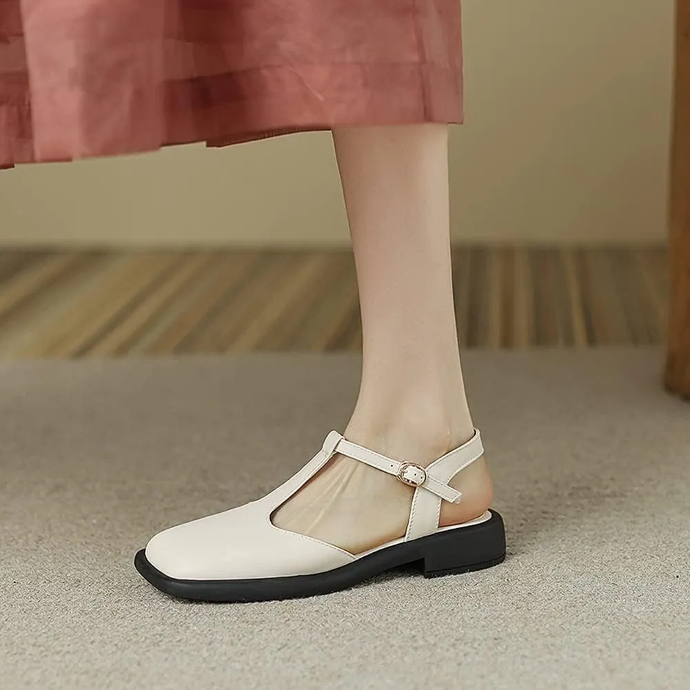 Yawors Womens LC953 Belt Square Heels Slingback Cow Leather Flats Sandals
