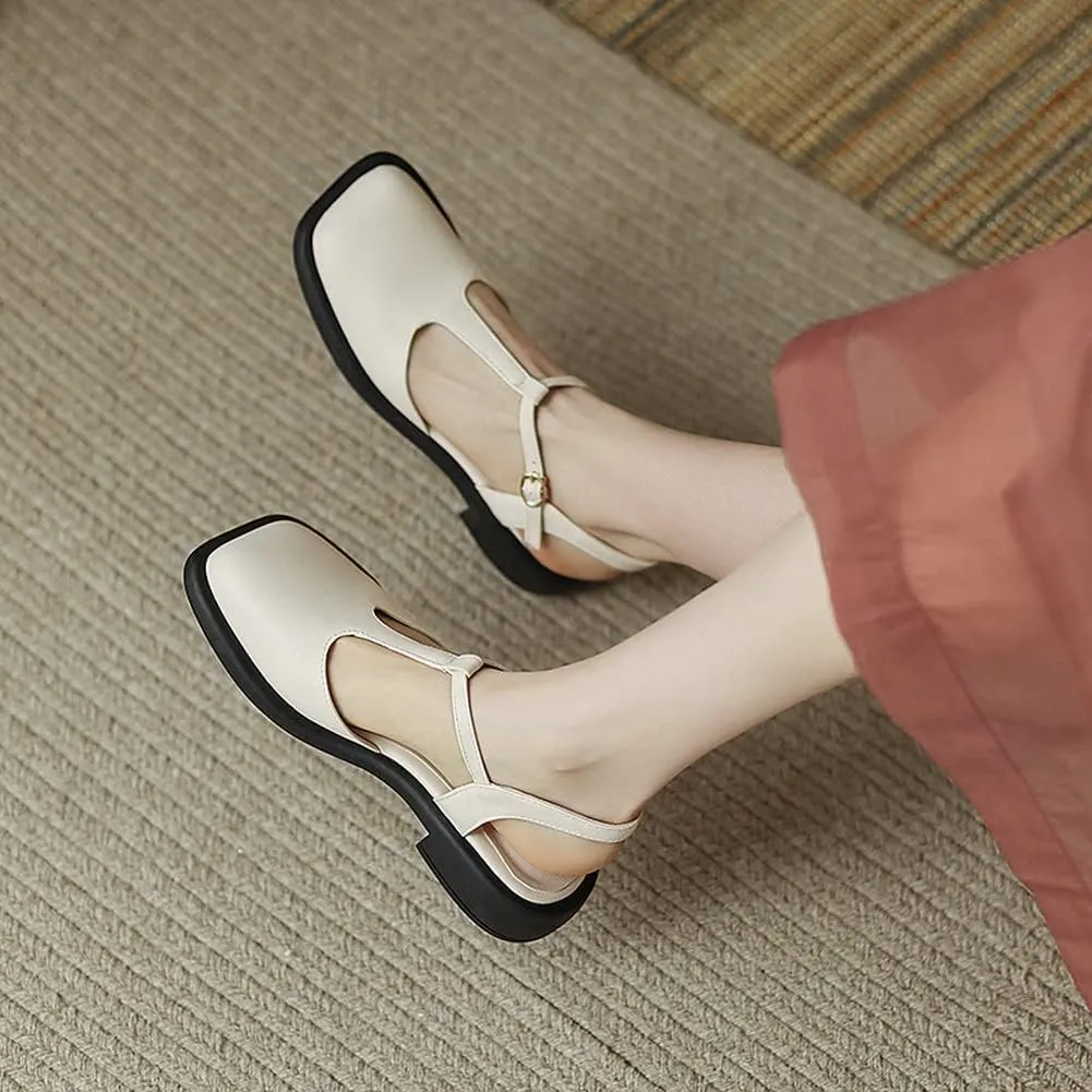 Yawors Womens LC953 Belt Square Heels Slingback Cow Leather Flats Sandals