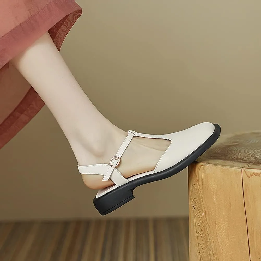 Yawors Womens LC953 Belt Square Heels Slingback Cow Leather Flats Sandals