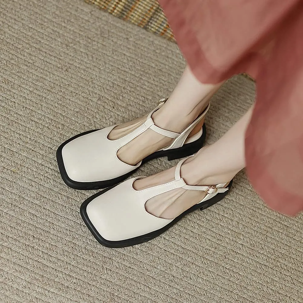 Yawors Womens LC953 Belt Square Heels Slingback Cow Leather Flats Sandals