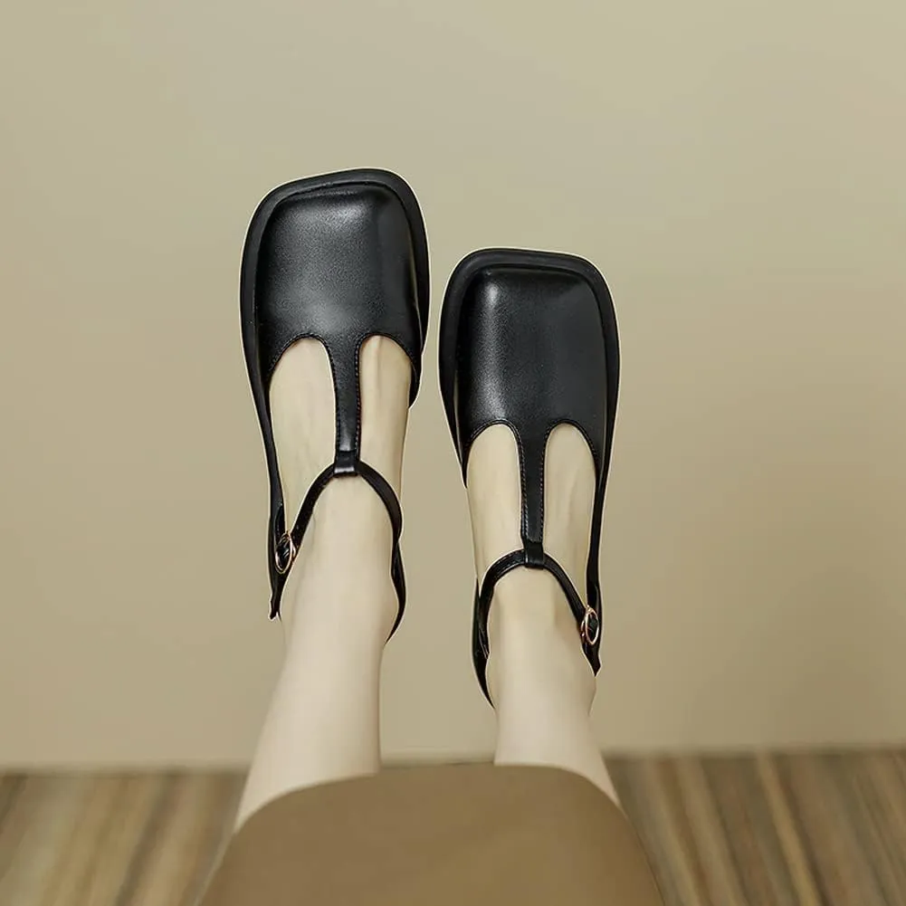 Yawors Womens LC953 Belt Square Heels Slingback Cow Leather Flats Sandals