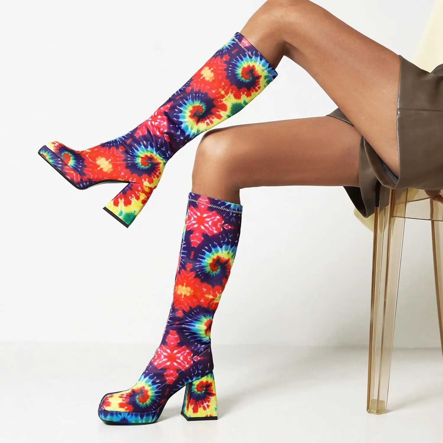 Yishaweiqi Women's Platform Gogo Boots Pull On Mid Calf Boots Chunky Block High Heel Boots Dress Halloween Costume Long Boots Disco Party Boots for Women