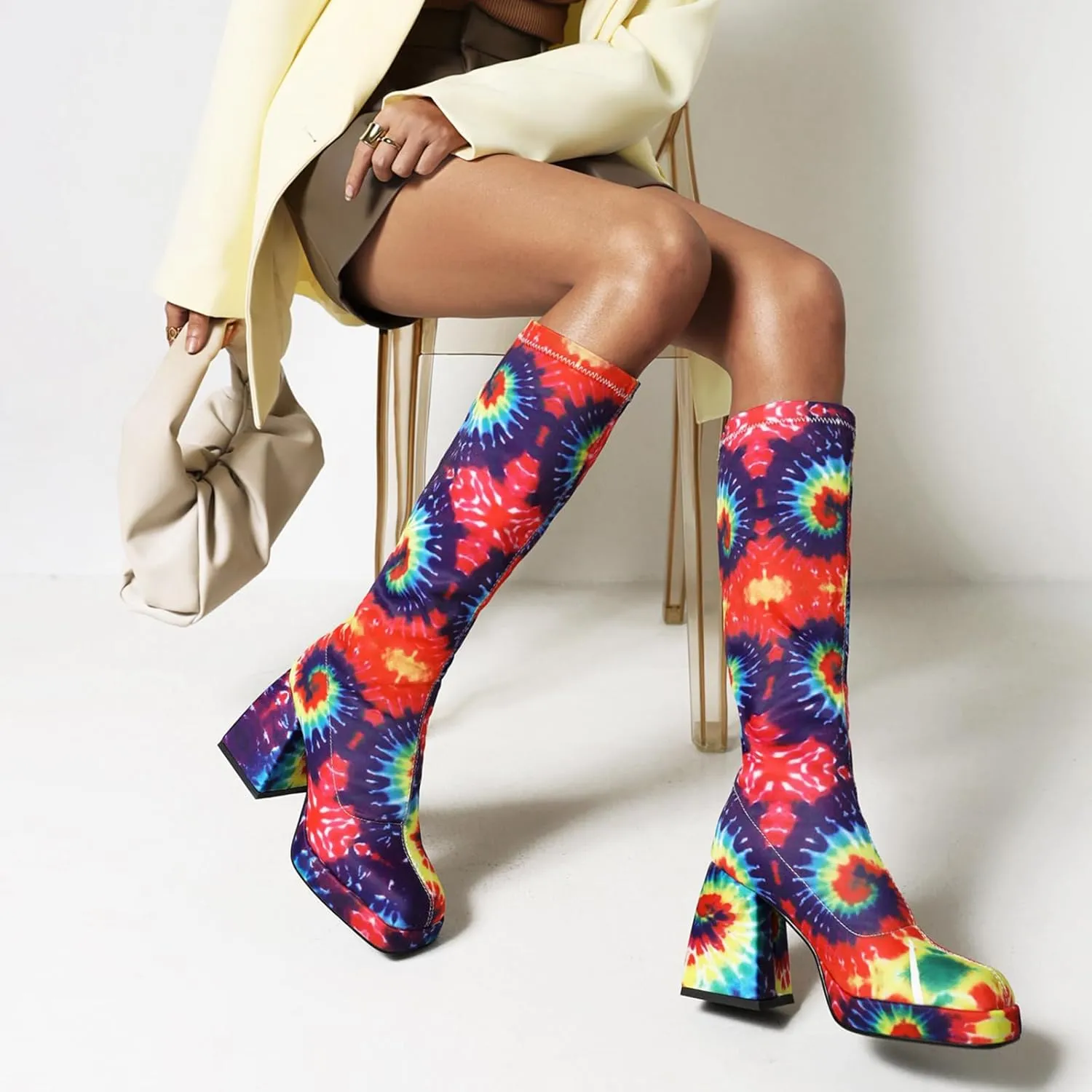 Yishaweiqi Women's Platform Gogo Boots Pull On Mid Calf Boots Chunky Block High Heel Boots Dress Halloween Costume Long Boots Disco Party Boots for Women