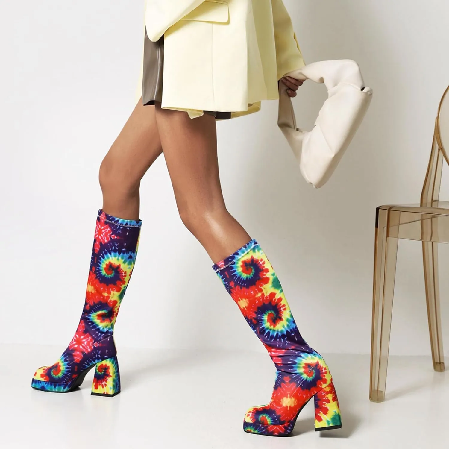 Yishaweiqi Women's Platform Gogo Boots Pull On Mid Calf Boots Chunky Block High Heel Boots Dress Halloween Costume Long Boots Disco Party Boots for Women