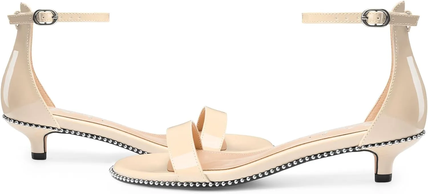 Z.Oufeier Women's Low Kitten Heels Open Peep Toe Ankle Strap Studded Buckle Dressy Heeled Sandals Beaded Patent Leather Summer Prom Party Shoes