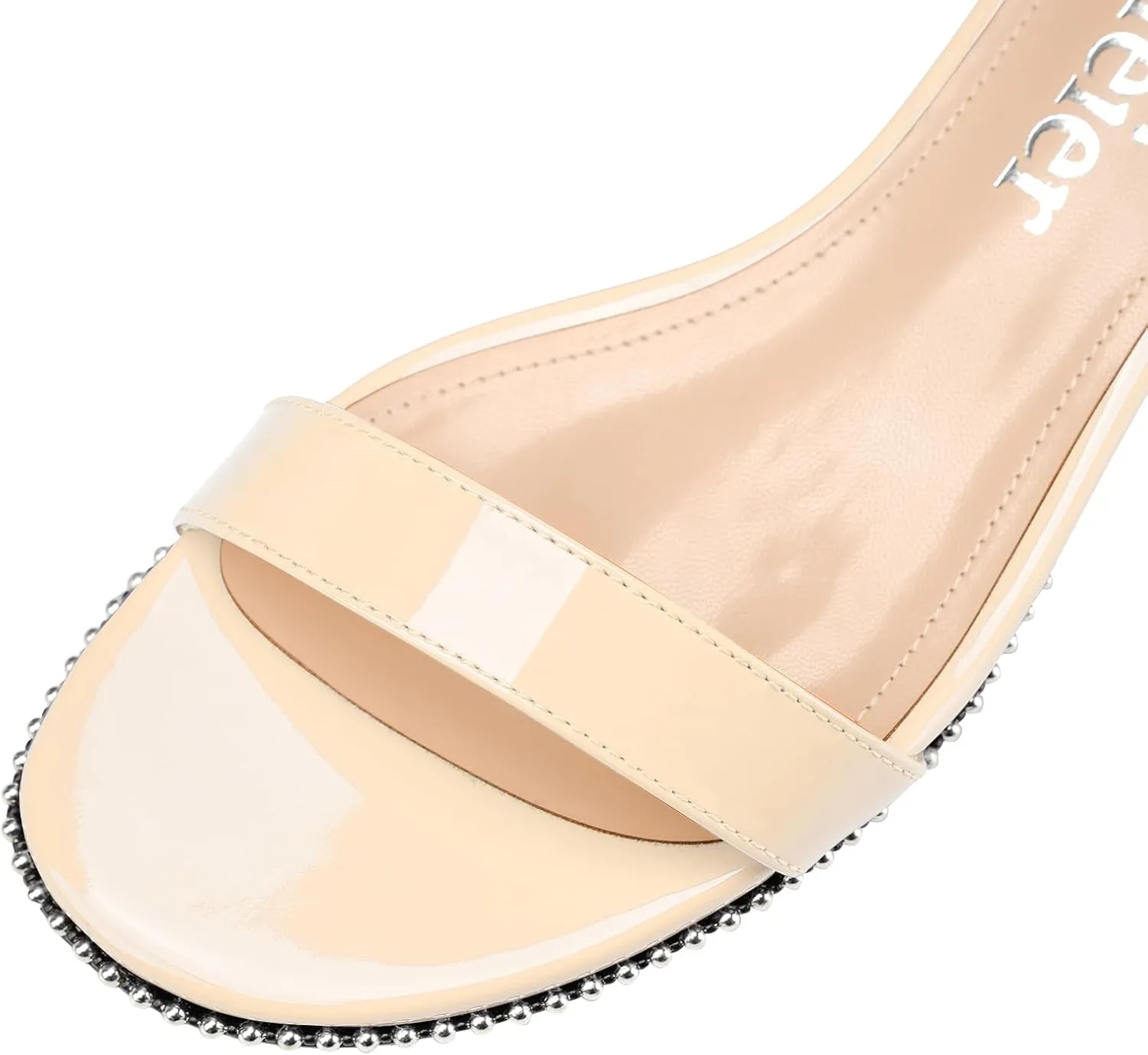 Z.Oufeier Women's Low Kitten Heels Open Peep Toe Ankle Strap Studded Buckle Dressy Heeled Sandals Beaded Patent Leather Summer Prom Party Shoes