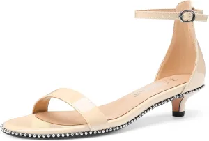 Z.Oufeier Women's Low Kitten Heels Open Peep Toe Ankle Strap Studded Buckle Dressy Heeled Sandals Beaded Patent Leather Summer Prom Party Shoes